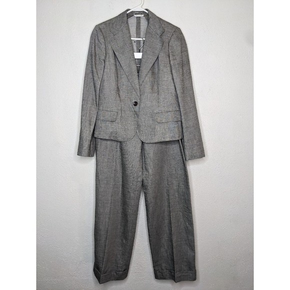 MaxMara Jackets & Blazers - MAX MARA Womens Size 14 16 Linen Blend Pant Suit Grey Business Career Wide Leg